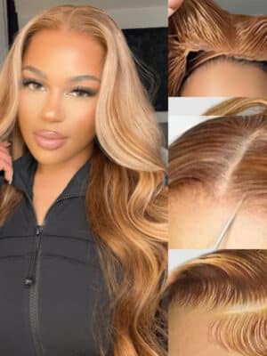 tl412_bye_bye_knots Extra 70% OFF| Sunber Body Wave Honey Blonde Highlights 6x4.75 Pre-Cut Lace Closure Human Hair Wig - 24 / 7x5 Bye Bye Knots-180% Density