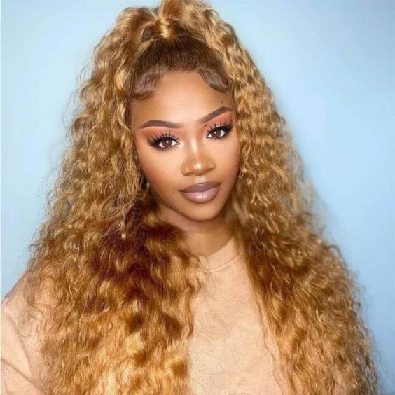 44181b79dda47a2e0474029a6875f7d8 #27 Honey Blonde Wig Curly Wig HD Transparent Lace Front Wig 3D Dome Cap PreEverything - 13x4 Lace / GLUELESS / 28 /180 density