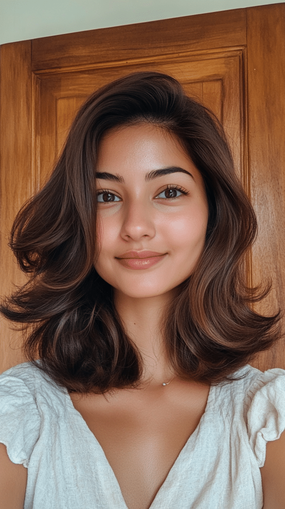 Thick, long hair styled in a butterfly haircut with layers cut to remove weight and add lightness through the ends.