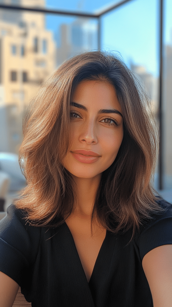 Fine, straight hair in a butterfly haircut with light layers that lift at the crown to create volume and fullness.