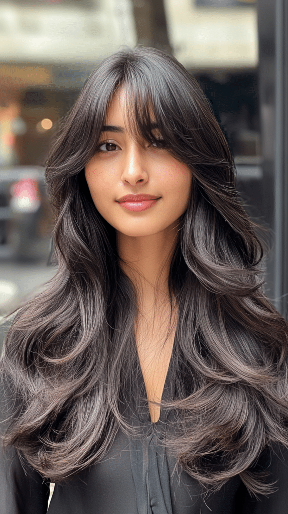 Long, straight hair with butterfly haircut layers starting below the chin and blending into flowing lengths for added movement.