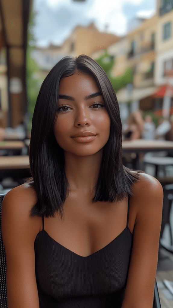 Straight hair with softly blended butterfly haircut layers starting at jaw level for added shape and motion.