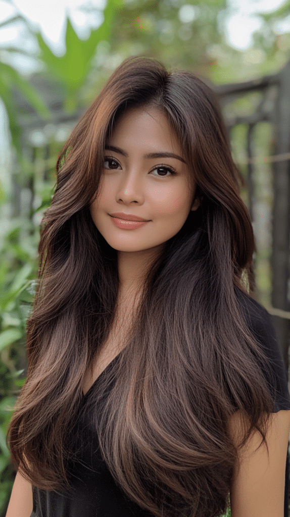 Long hair in a butterfly haircut with side-swept bangs that blend into face-framing layers for a soft, rounded look.