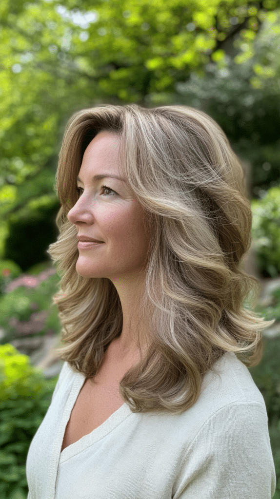 Hair styled with a butterfly haircut and soft waves that enhance the movement of the layered cut.