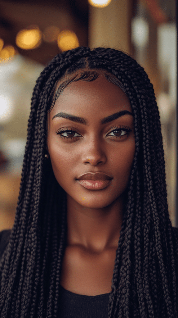 A woman with long classic box braids, styled neatly for a protective and versatile look.