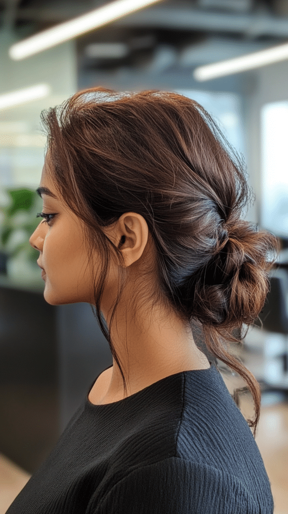 A woman with a loose claw clip updo, holding her curls in place while allowing some to cascade.