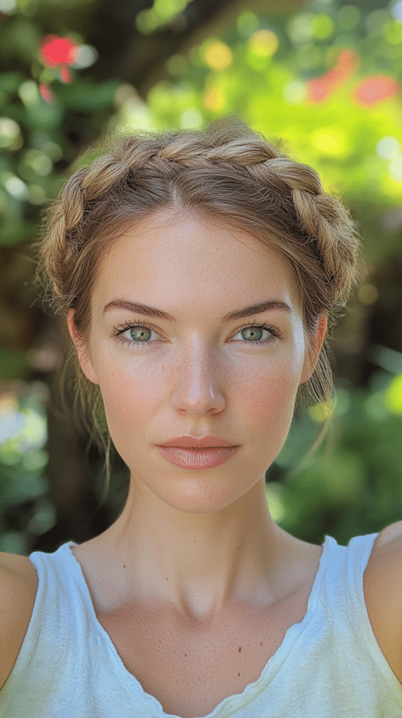 A woman with a crown braid wrapped around her head, creating an elegant and timeless hairstyle.