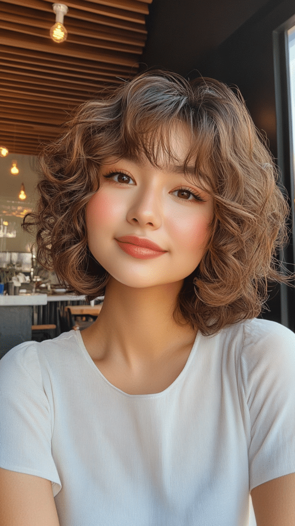A woman with a short curly bob and bangs, creating a fresh and modern curly hairstyle.
