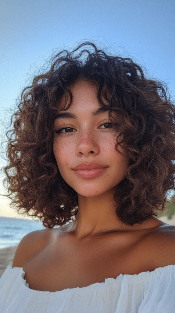 Naturally curly hair with butterfly layers starting near the cheeks, adding volume and reducing bulk for a balanced look.
