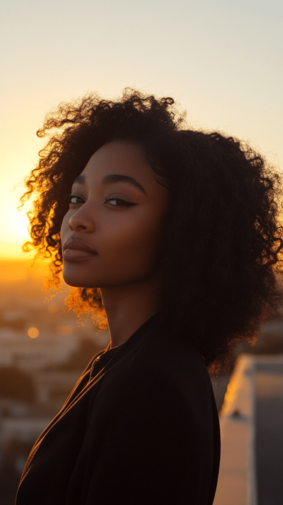 A woman with a defined twist-out, showing well-defined curls with a soft, bouncy finish.