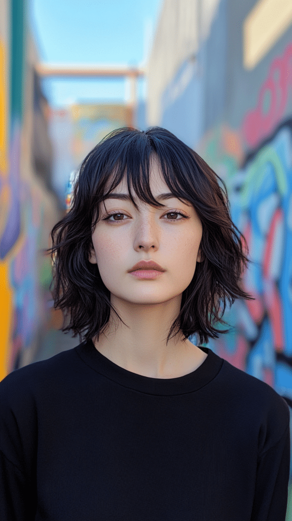 Hair styled in a butterfly haircut with edgy, choppy layers starting near the eyebrows and flowing into uneven longer sections.