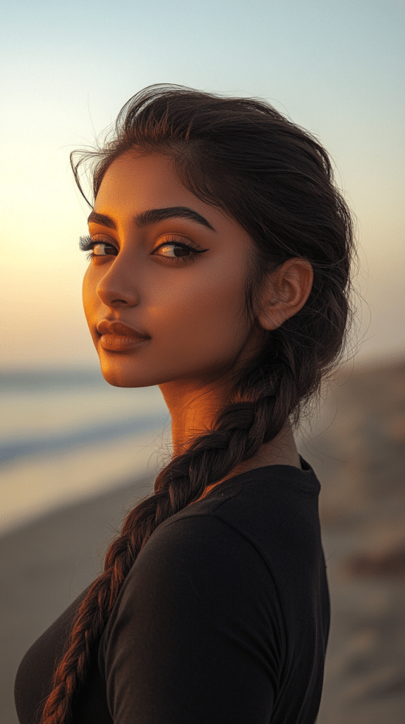 A woman with a fishtail braid swept to one side, giving a detailed and intricate look.