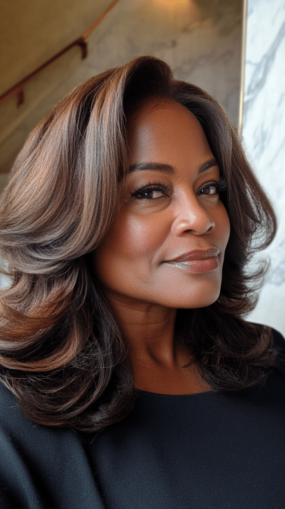 Hair styled in a butterfly haircut with voluminous layers enhanced by a bouncy, full blowout finish.