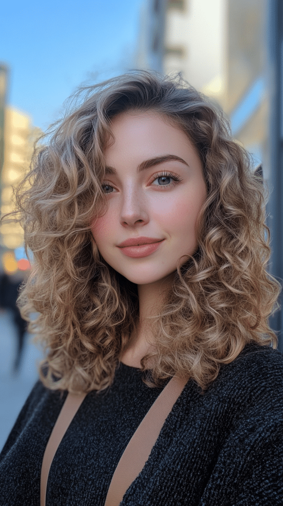 A woman with a half-up half-down curly hairstyle