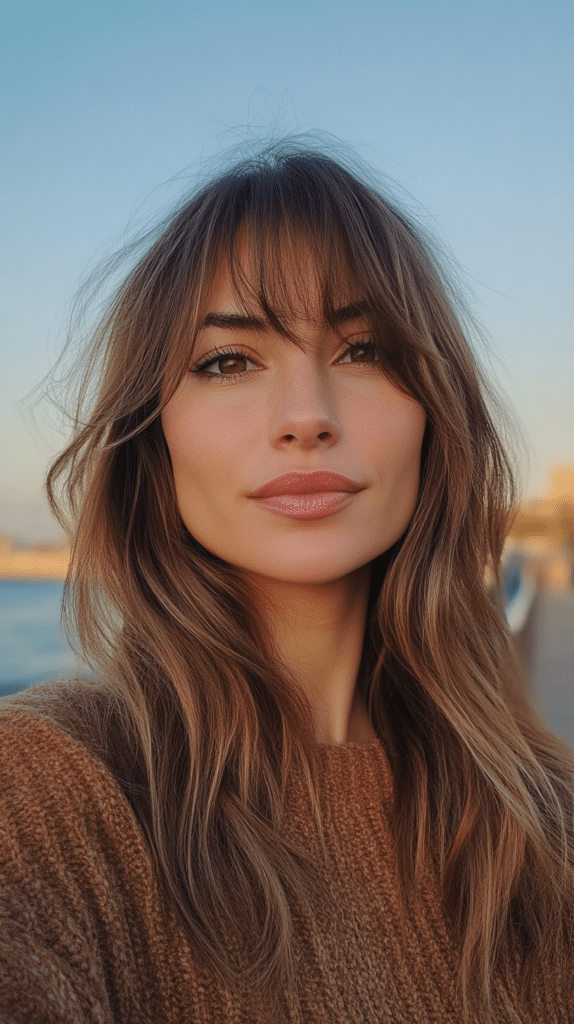 A woman with layered hair and a soft, side-swept fringe that frames her face gently.