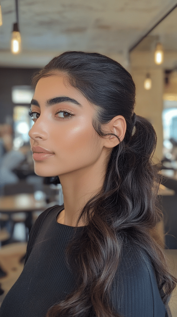 A woman with a loose low ponytail, with curls cascading naturally over her shoulders.