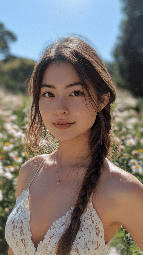 A woman with a loose side braid and soft strands framing her face, creating a relaxed, effortless look.