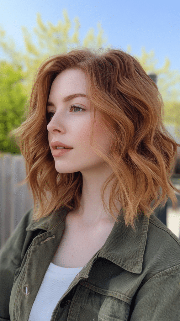 Medium-length wavy hair cut in a butterfly style with textured layers that create movement and a relaxed shape.