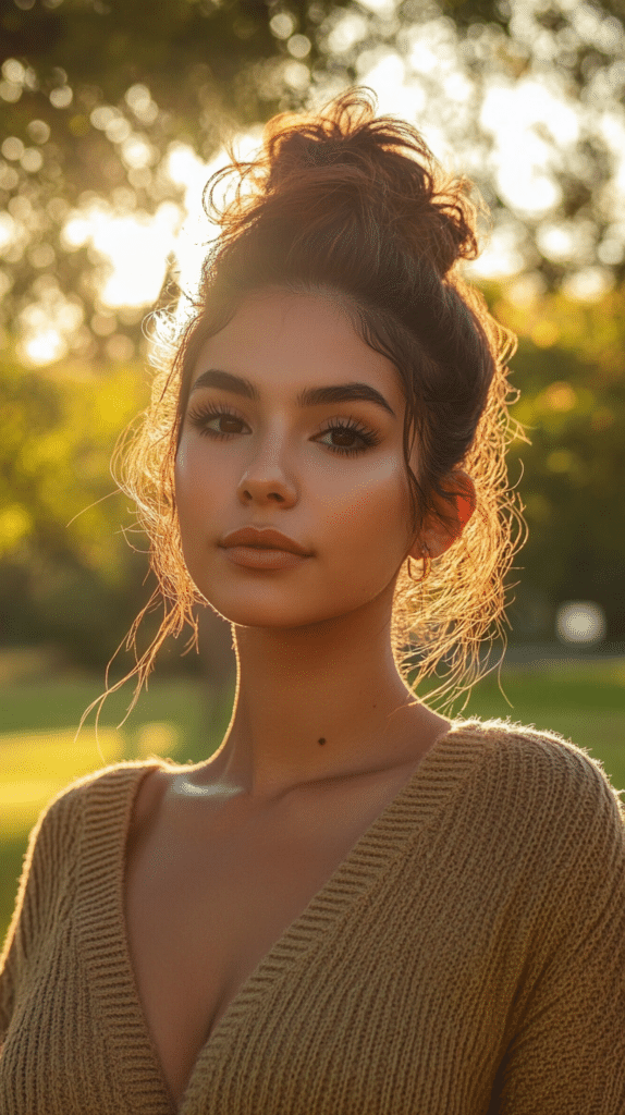 A woman with a messy high bun, with loose curls framing her face for a relaxed, effortless look.