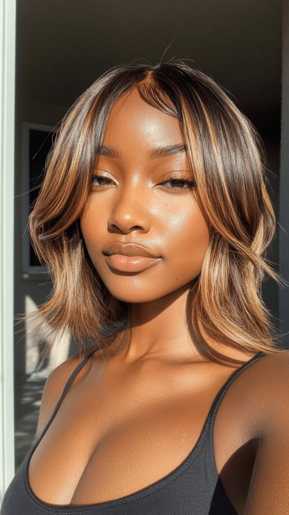 Hair in a butterfly haircut with lifted crown layers and bold caramel highlights accentuating the dimension and shape.