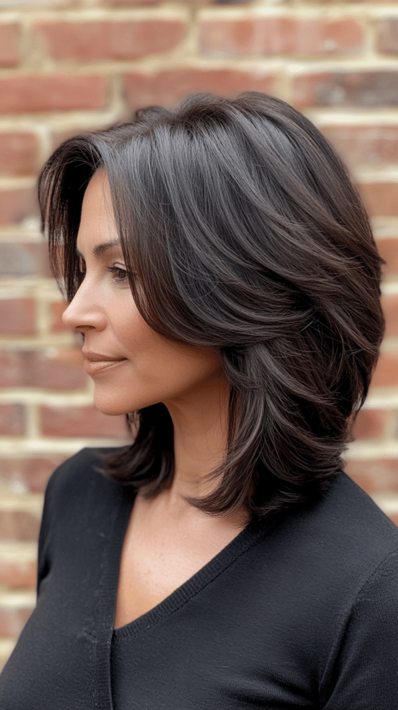 Shoulder-length hair with a short butterfly haircut, featuring lifted layers that create volume and a rounded silhouette.