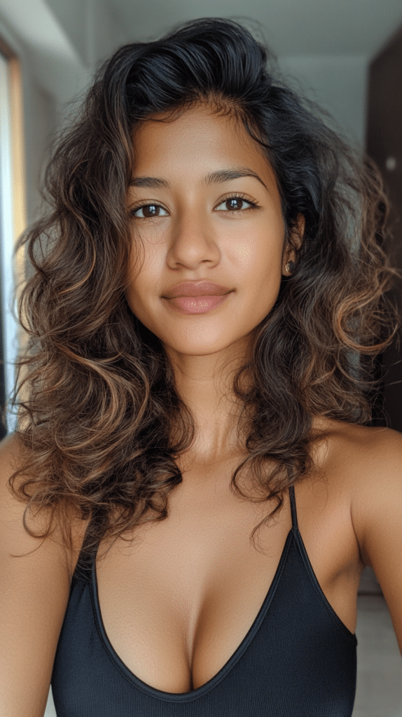 A woman with soft, voluminous curls swept to one side, creating an elegant and stylish appearance.