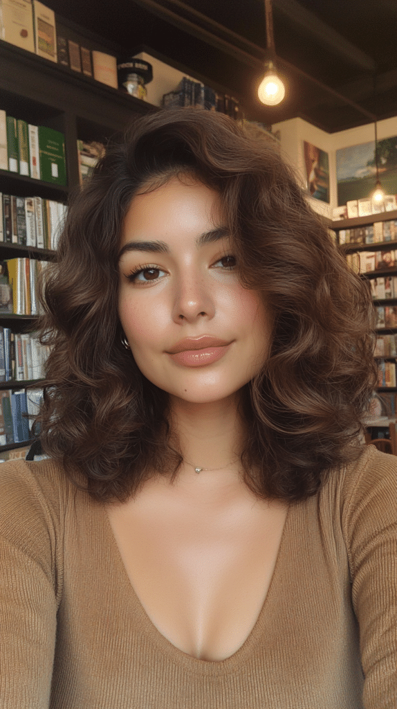 A woman with a curly lob swept to one side, giving her hair a bouncy and voluminous effect.