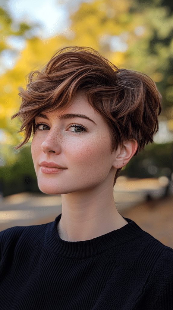 A woman with a tousled pixie cut swept to the side, creating a modern and effortless look.