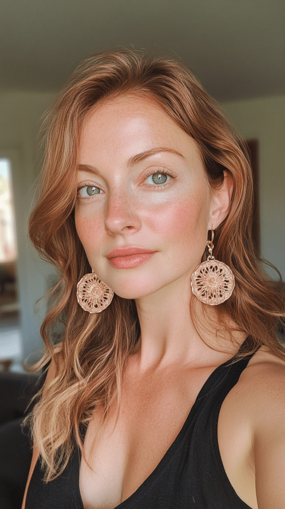 A woman with her hair tucked behind one ear, highlighting her statement earrings and adding a sleek touch.