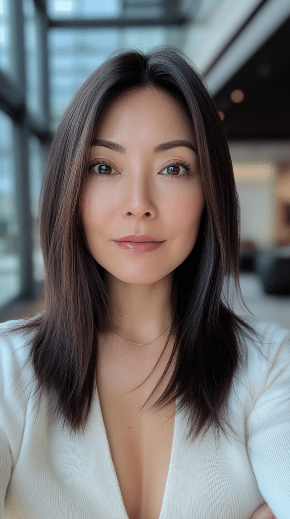 Straight hair in a butterfly haircut with sharply defined ends and smooth, polished layering from chin to tips.