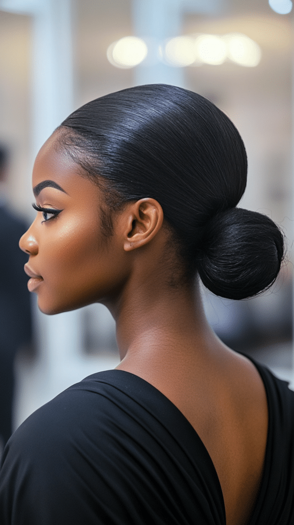 A woman with a sleek low bun, with smooth hair on top and curls tucked neatly at the nape.
