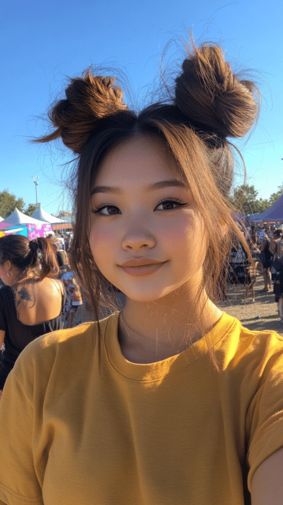 A woman with two space buns, each wrapped with curls