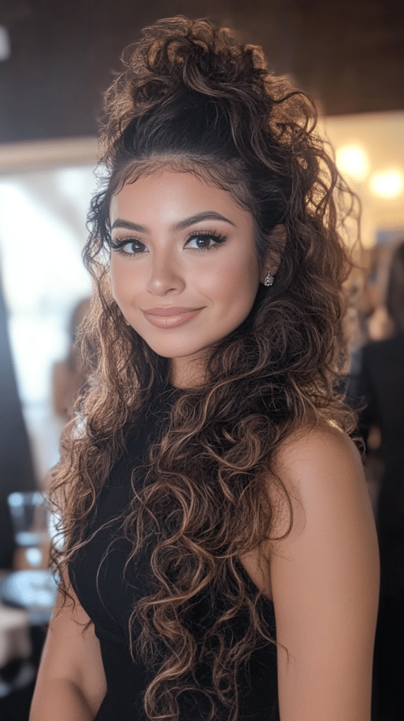 A woman with a high voluminous curly ponytail, with thick curls bouncing down her back.