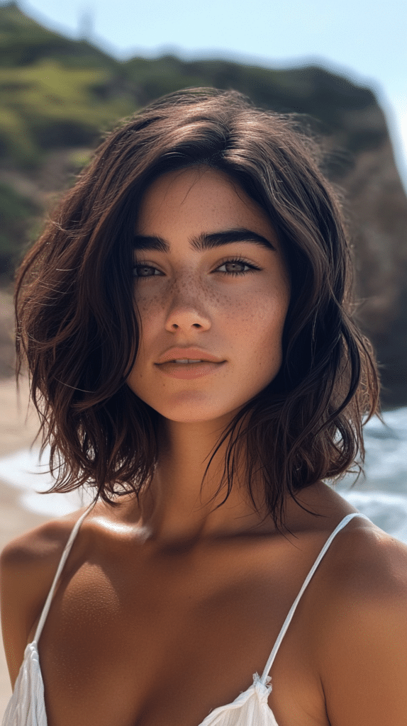 A woman with a wavy bob and deep side part, adding movement and texture to her hairstyle.