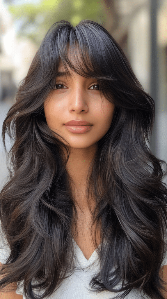 Hair styled with wispy butterfly layers and parted curtain bangs that blend into the sides for a soft, face-framing effect.