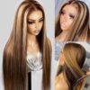 Glueless Tiny Knot Transparent Lace 7x4 Lace Black Straight Wig With Bleached Knots - Highlight Color / 20 inch