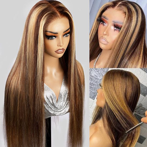 Glueless Tiny Knot Transparent Lace 7x4 Lace Black Straight Wig With Bleached Knots - Highlight Color / 20 inch
