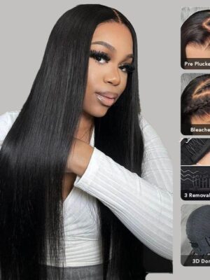 1_164d2ae0-5e41-4cc3-9e18-db63d61c9a21 Glueless Tiny Knot Transparent Lace 7x5 Lace Black Straight Wig With Bleached Knots - Black / 26 inch