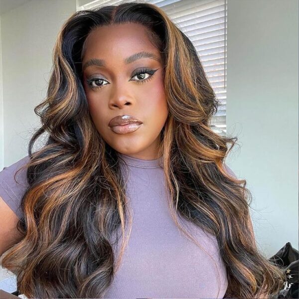 1_70428c9f-cc8d-4084-81e7-03f02721dd7b 1B/30 Wig Balayage Highlight Body Wave Wig Pre-plucked HD Lace Front Wig - 4x4 Lace / No / 20inch