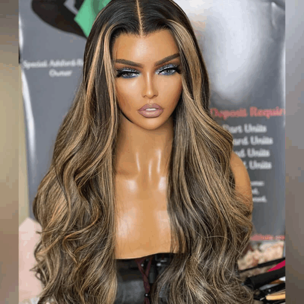 1_7fbde9d6-6380-4061-b951-d63eb68292e8 Balayage Body Wave Wig HD Lace Front Wigs Black With Honey Blonde Wig - 4x4 Lace / NO / 14inch