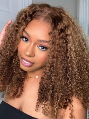 Pre-Cut Lace Wear Go Glueless Wig Honey Blonde With Brown Piano Color Curly Breathable - 4x4 Lace / 28 inch