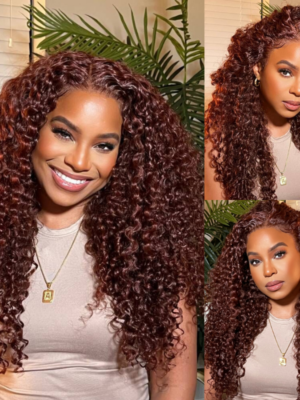 Sunber Reddish Brown Jerry Curly Pre Cut Glueless Lace Wig Human Hair Wigs Flash Sale - 20 / 13x4 Lace