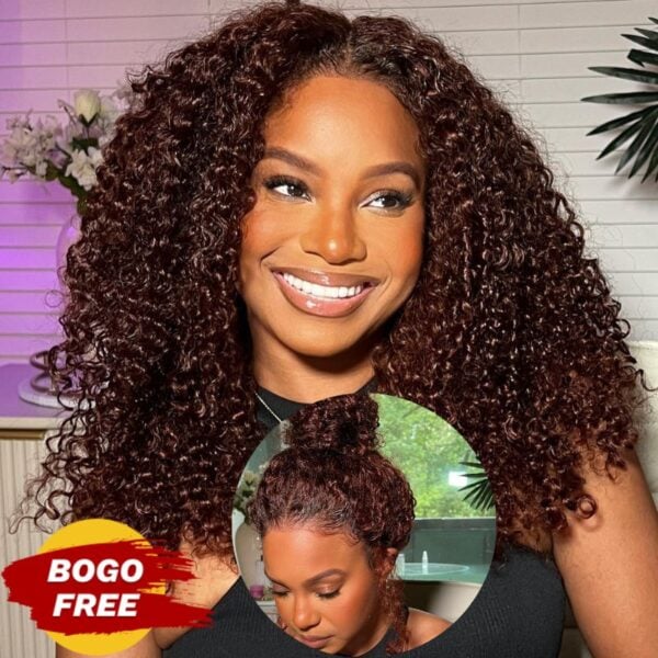 1_a7c62d3e-6d4f-4263-9801-5f82980d2c96 BOGO Sunber Pre-Cut Lace Reddish Brown Curly Quick & Easy Installation Glueless Wigs - 24 / 13*4 Pre Everything / With Baby Hair