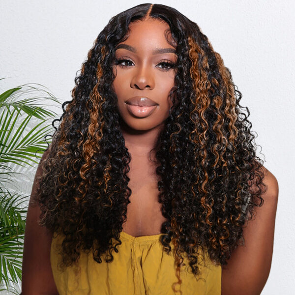 1b30 Wear Go Pre-Cut Lace Black With Copper Color Curly Breathable Cap Glueless Wig - 4x4 Lace / 150% / 32 inch