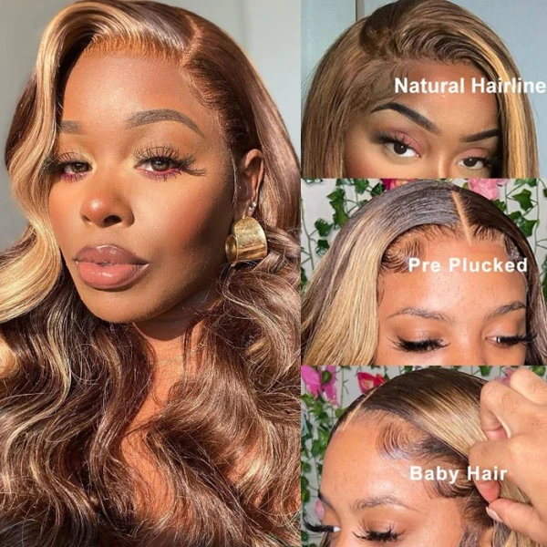 20230728150708 Honey Blonde Highlight Glueless Wig Body Wave 4x4 Closure Lace Front Wigs 100% Virgin Human Hair Wigs - 4x4 Lace / 16inch