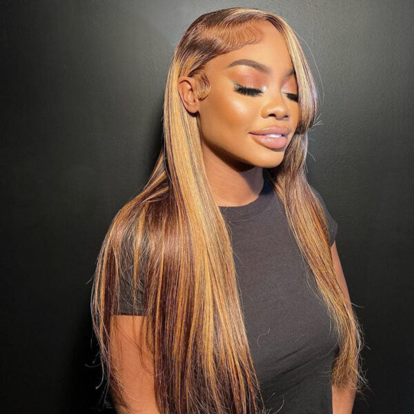 Highlights Color 360 Transparent Lace Wig Straight Human Hair Wig For Black Woman - 360 Lace / 150% / 22inch