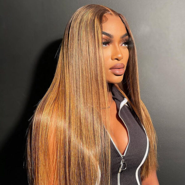Highlights Color 360 Transparent Lace Wig Straight Human Hair Wig For Black Woman - 360 Lace / 150% / 22inch