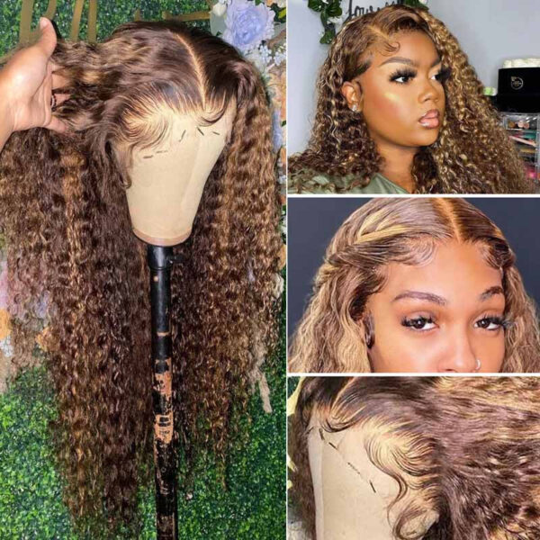 Highlight Color Water Wave Wig 180% Density 4x4 Lace Frontal HD Lace Wig - 4x4 Lace / NO / 14inch