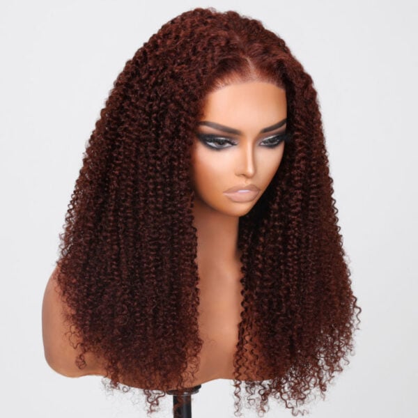 Sunber Kinky Curly Reddish Brown 6x4.75 Pre-Cut Lace Closure Wig Human Hair Glueless Wig - 24 / 6*4.75 Pre-Cut-With Baby Hair / 200%