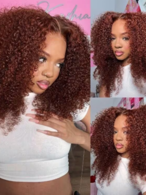 33bkc1 Sunber Kinky Curly Reddish Brown 6x4.75 Pre-Cut Lace Closure Wig Human Hair Glueless Wig - 24 / 6*4.75 Pre-Cut-With Baby Hair / 200%